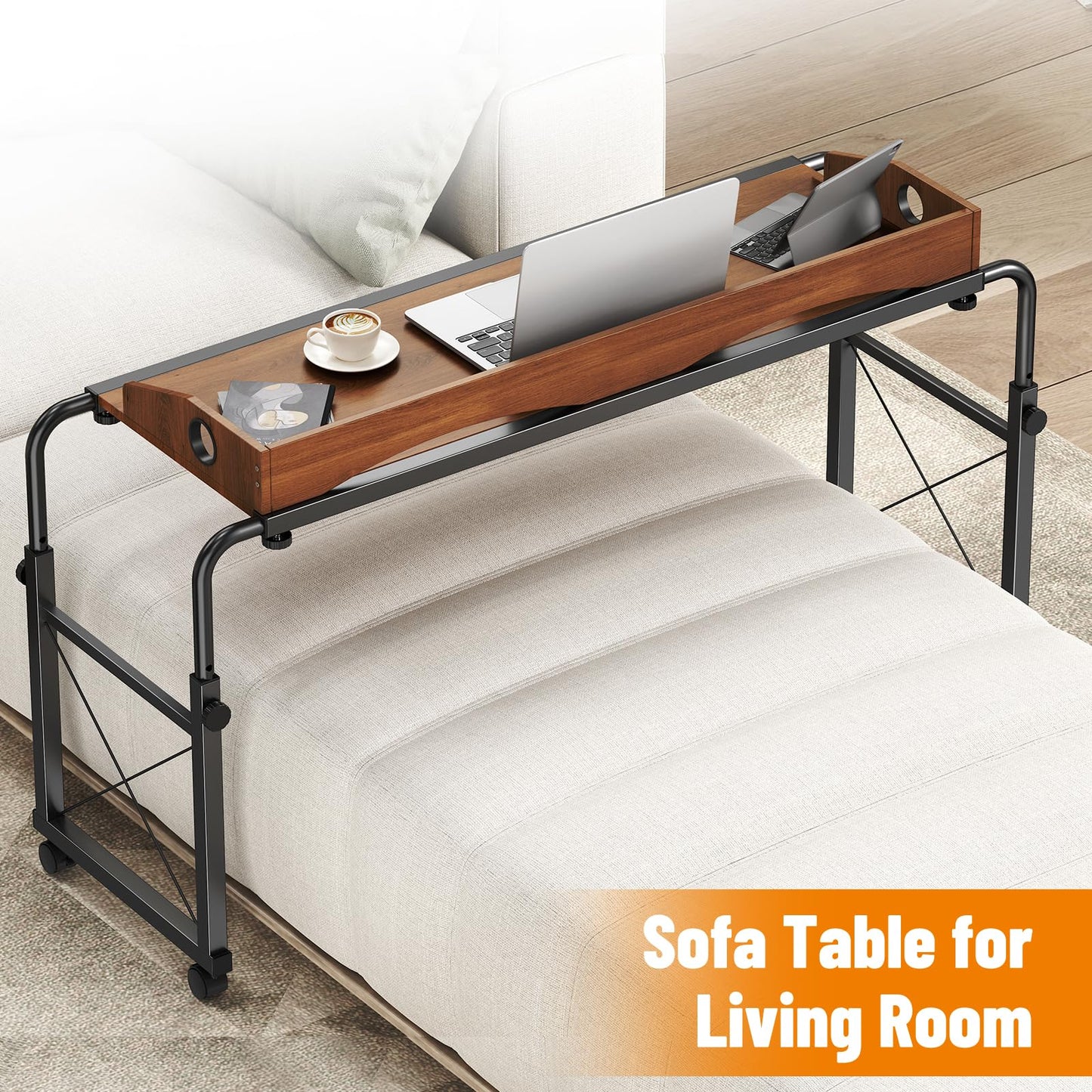 BYMECOST Laptop Desk for Bed, Adjustable Height & Length Laptop Bed Table,Overbed Table with Wheels for King & Queen Size Beds,Rolling Standing Desk,Over Bed Table for Working Reading Eating