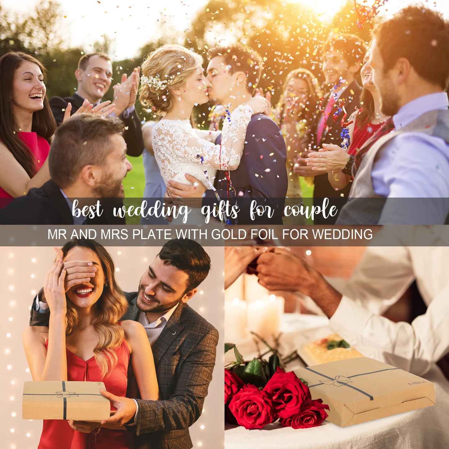 Urllinz Best Anniversary Wedding Gifts for Couples Unique 2025 - Mr and Mrs Plate with 24k Gold Foil Decorations, Newlywed Bridal Shower Engagement Gift for Her Him, Ceramic 9"