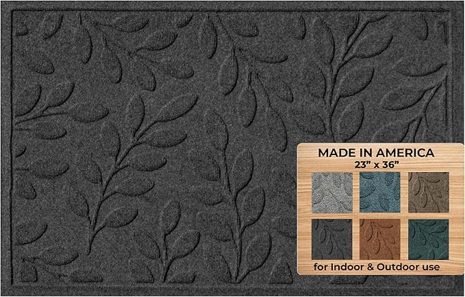 WaterHog Welcome Mat for Indoor/Outdoor, 2’ x 3’, Made in USA, Durable & Water-Resistant, Dirt Trapping Mat, Decorative Front Door and Entryway Rug, Brittney Leaf Design, Charcoal