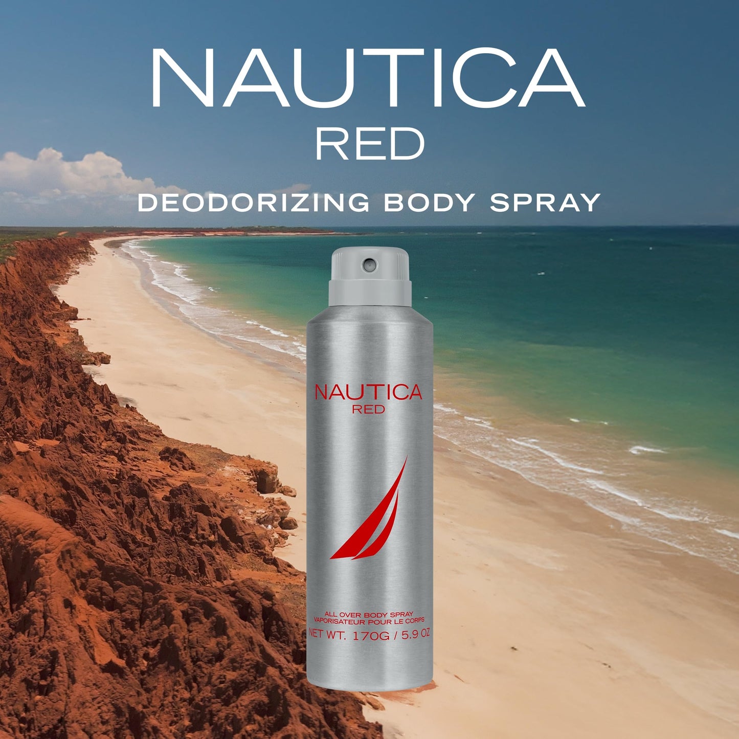 Nautica Color Red Deodorizing Body Spray for Men, Aromatic Fougere Fragrance, Notes of Black Pepper, Lavender and Rosemary, 6.0oz