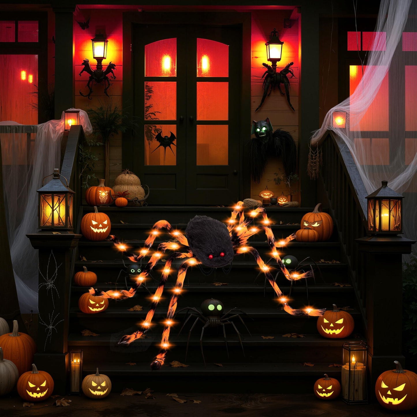 Halloween Spider Costume for Adults Orange LED Lights Plus Candy Backpack Headband Ring Tattoos for Trick or Treat Cosplay Halloween Party Decorations Accessories(Batteries Not Included)