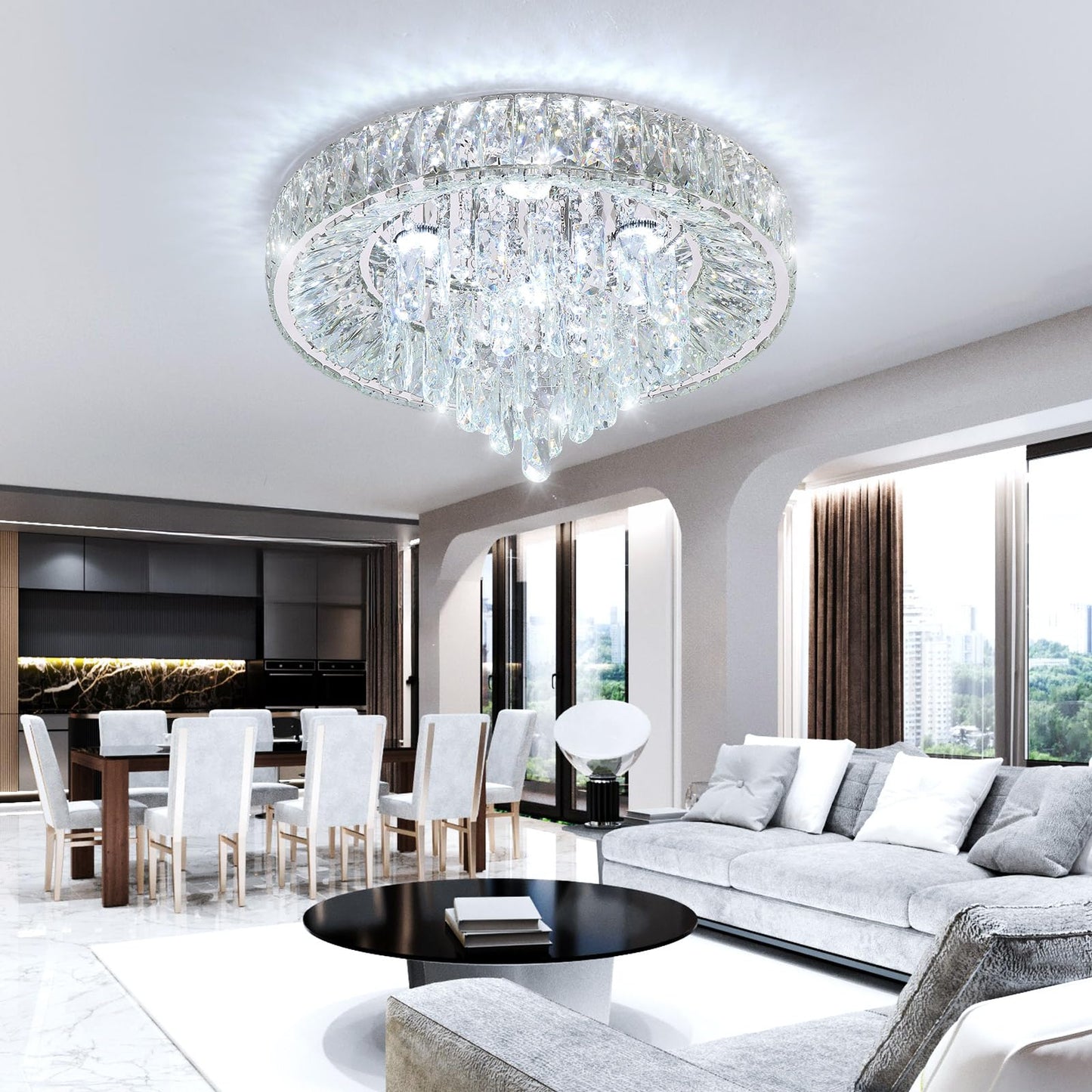 dolria Modern Crystal Chandeliers for Dining Room LED Light Fixture Close to Ceiling Chandelier Flush Mount Ceiling Light Dimmable Lamp with Remote for Living Room Bedroom Hallway 2700K 6000K