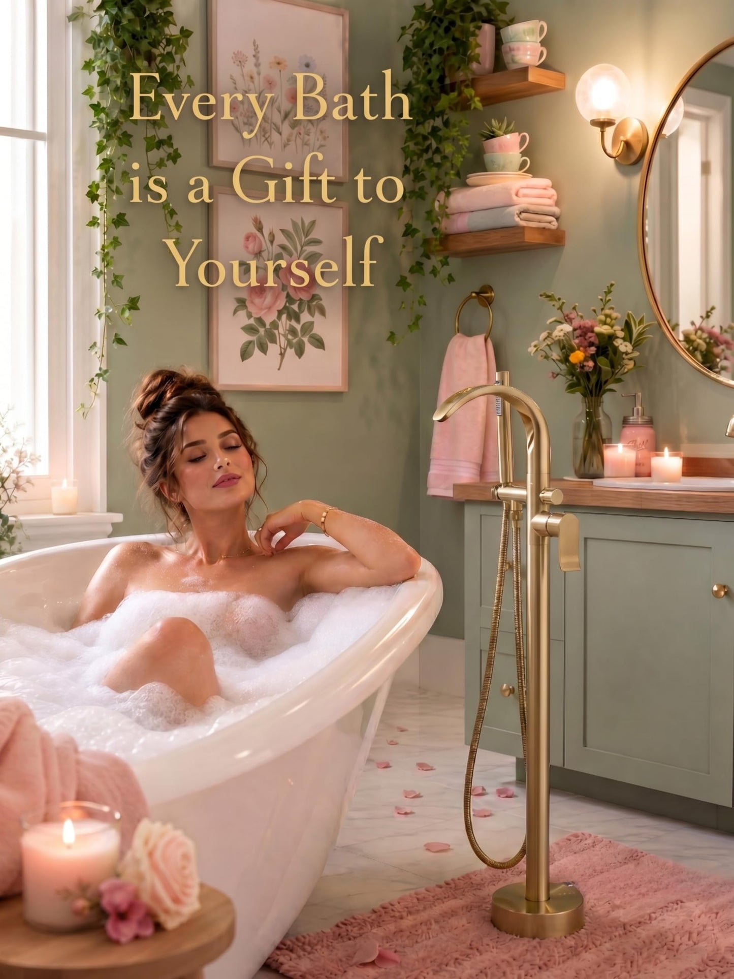 GOODBEING Freestanding Bathtub Faucet Stand Alone High Flow Brass Brush Gold Tub Filler, Free Standing Unique Bath Tub Faucet with Sprayer, Tub Shower Faucet Set (BG-Waterfall)