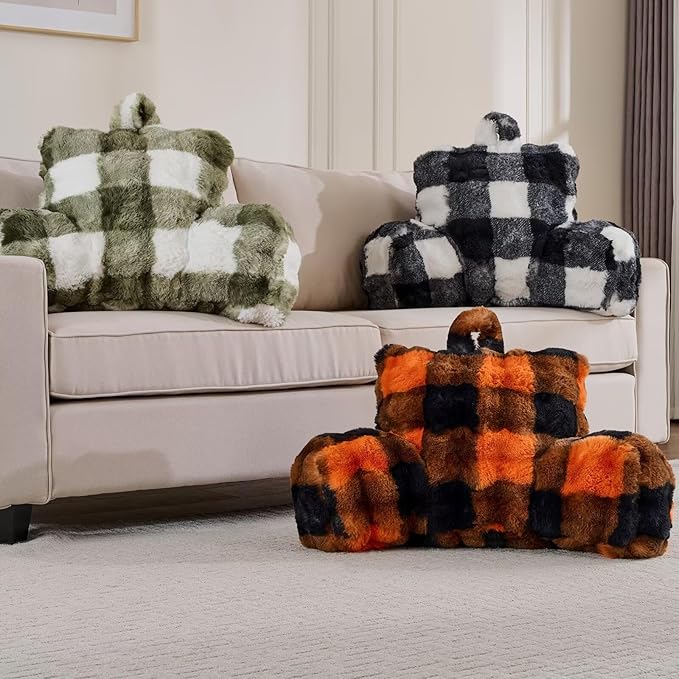 Reading Pillows for Boyfriend Adult,Velvet Back Pillow Bed Wedge Large, Back Rest Support Cushion for Sitting Up in Bed/Couch for Bedrest 18inch-Orange-Black Grid Print
