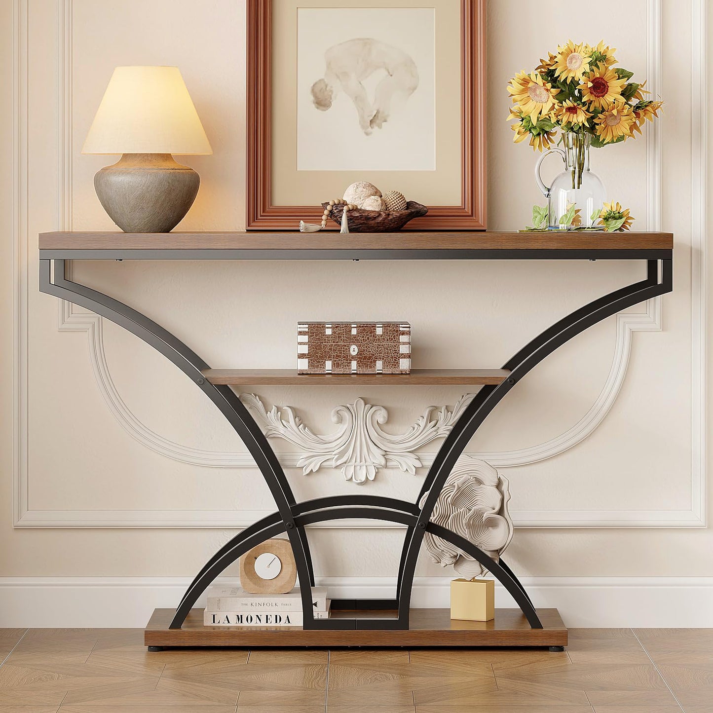 Espelism 47.2" Console Table for Entryway, 3-Tier Narrow Sofa Table with Curved Frame, Industrial Rustic Wood Accent Table with Storage Shelves for Hallway, Living Room, Foyer (Brown, 47.2")