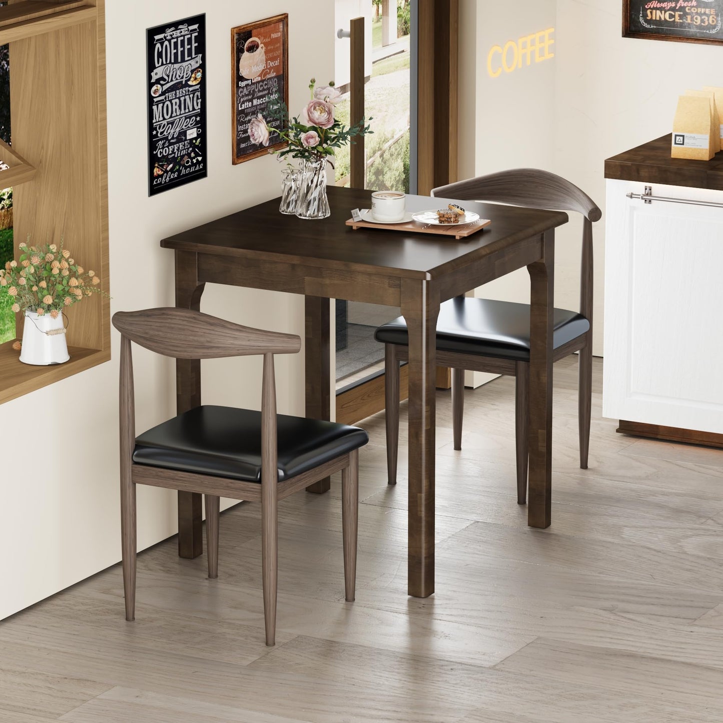 YEMNMFH 27.6” Square Dining Table - Small Kitchen Table with Solid Wood Legs, Mid Century Modern Desks for Small Spaces, Wooden Dining Room Tables for Kitchen, Living Room & Dining Room, Walnut Color
