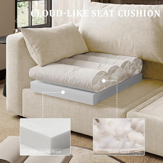 Cloud Modular Sectional Sleeper Sofa with Storage Ottoman, 128" Oversized Sectional Couches for Living Room, Cloud Modular Sleeper Sofa with Chaise, 9 Seater, Chenille, Beige