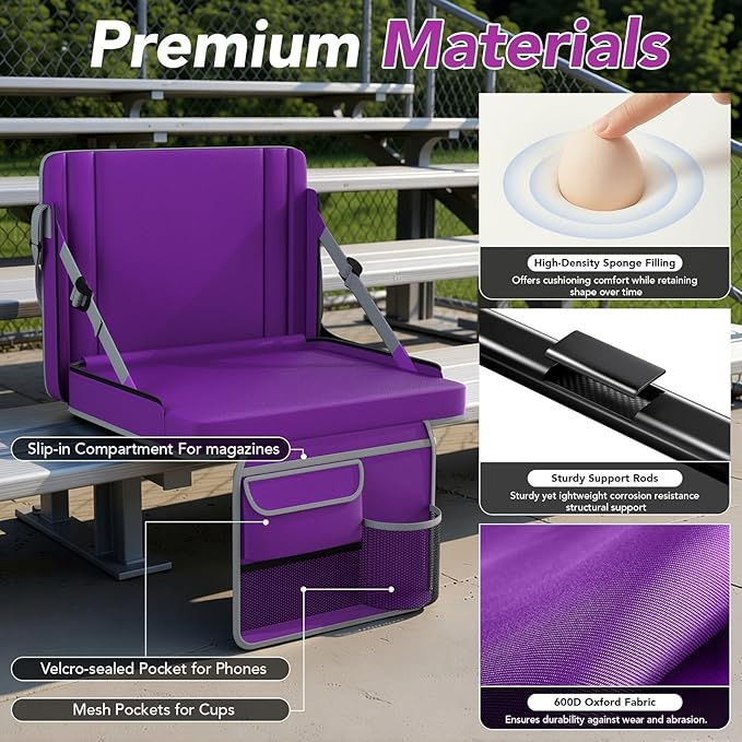 janiry Stadium Seats with Back Support 2PACKS Adjustable Bleacher Chairs with Back and Cushion Bleacher Seat with Cup Holder, Carry Handle & Shoulder Strap for Outdoor Sports Events, Picnics, Beaches