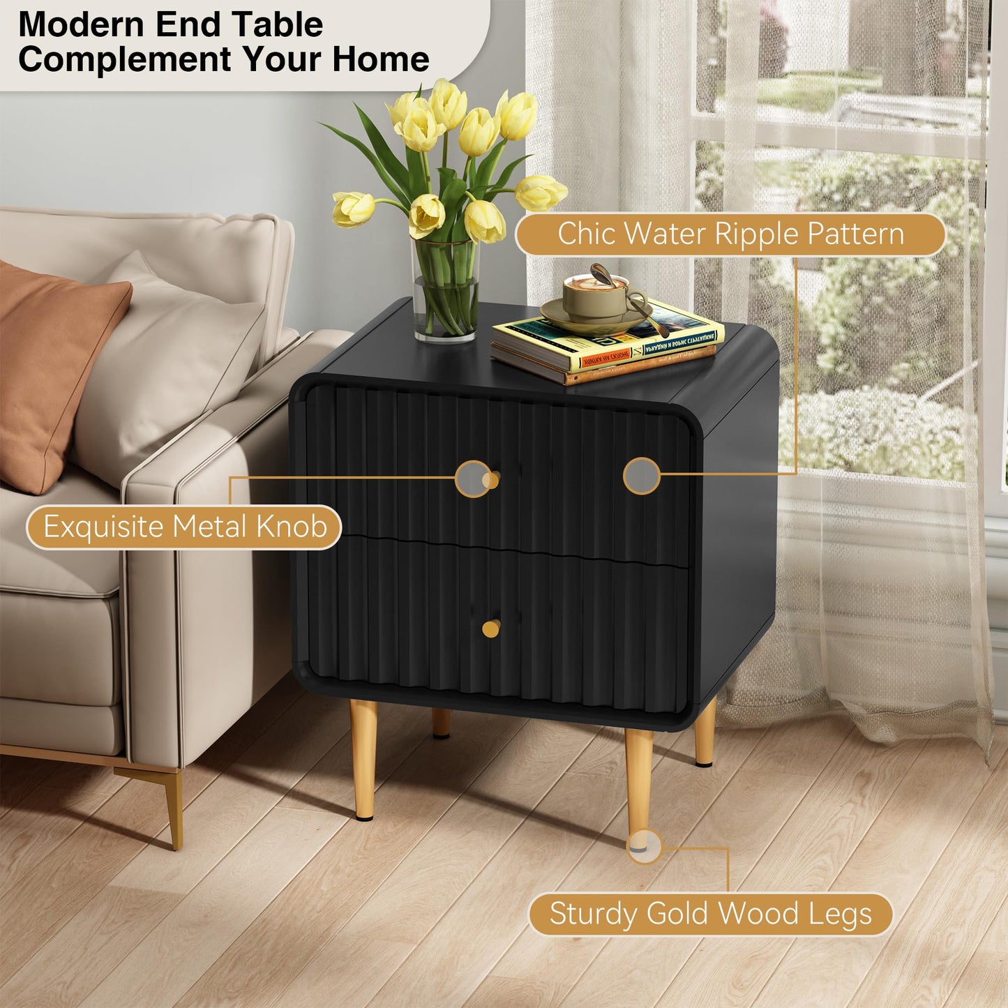 HLR Modern Nightstand, Fluted Bed Side Table with 2 Drawers Storage, Wood End Table with Gold Metal Handle, Black Night Stands for Bedroom
