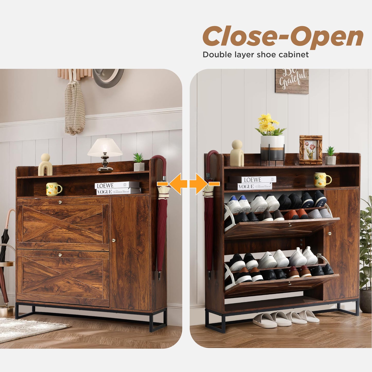 SunSettler Shoe Storage Cabinet with 2 Flip Drawers & Side Cabinet, Freestanding Shoe Organizer with Metal Legs for Entryway, Narrow Shoe Rack Cabinet, Rustic Brown