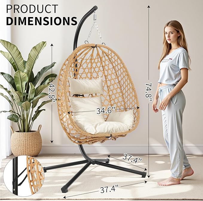LEX CRAFT Egg Chair with Stand, Patio Wicker Hanging Chair, Hammock Swing Chair, 350LBS Capacity for Bedroom, Balcony, Garden (YE-BE)