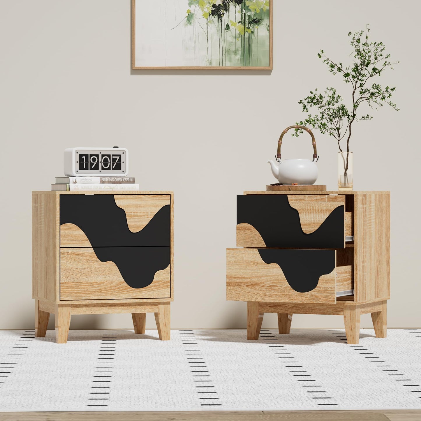 UEV 9-Drawer Dresser & 2 Nightstands Set - 3 Piece Modern Bedroom Furniture Set, 63" Wide Wooden Chest of Drawers with Flowing Water Pattern,2-Drawer Night Stands for Bedroom (Natural/Black