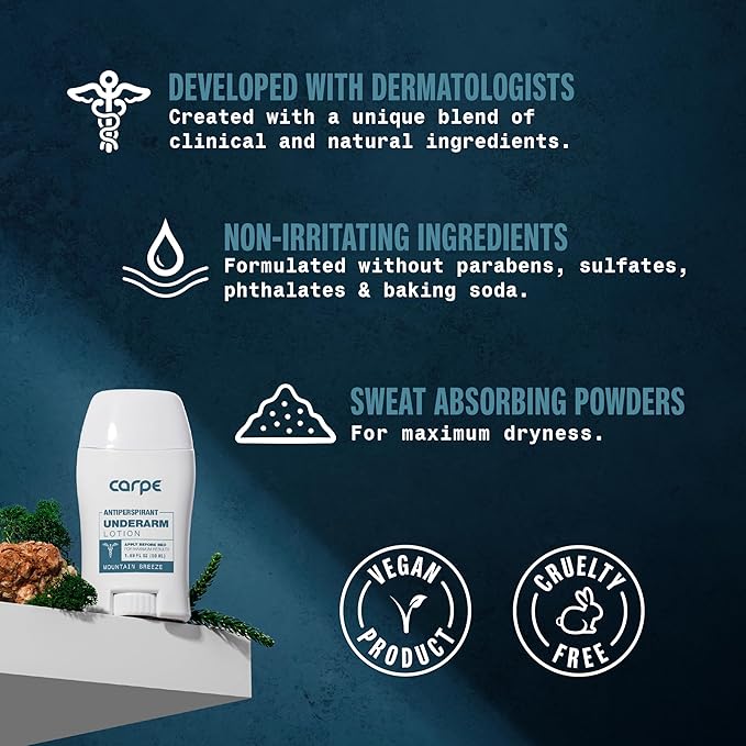 Carpe Underarm Antiperspirant and Deodorant, Clinical strength with Mountain Breeze scent, Combat excessive sweating Stay fresh and dry, Great for hyperhidrosis (Pack of 3)