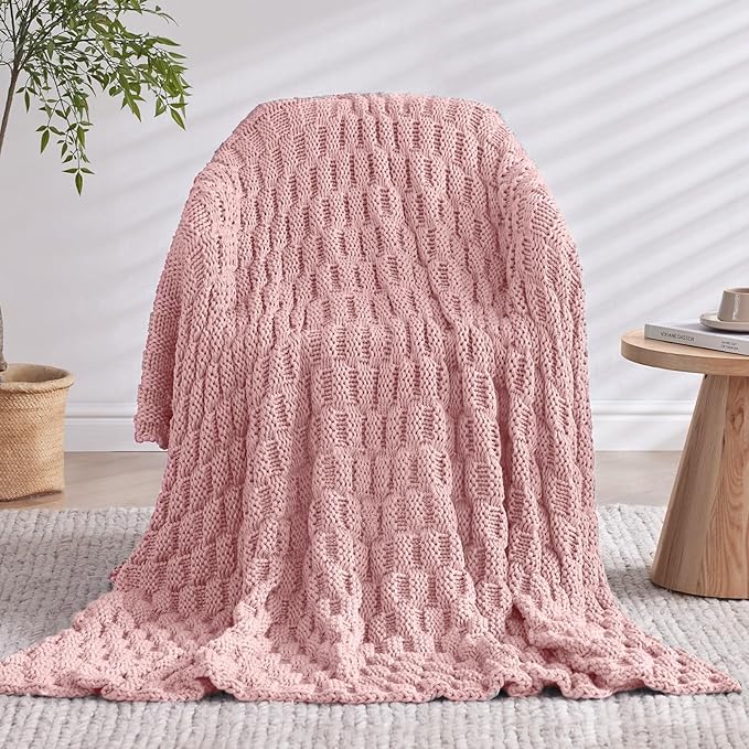 Knitted Weighted Blanket for Adult, No Beads Heavy Blanket 60” x 80'' 10lbs, Breathable Chunky Knit Blanket, Cooling Weighted Blanket for Hot Sleepers, Christmas Home Decor (HoneyPink)