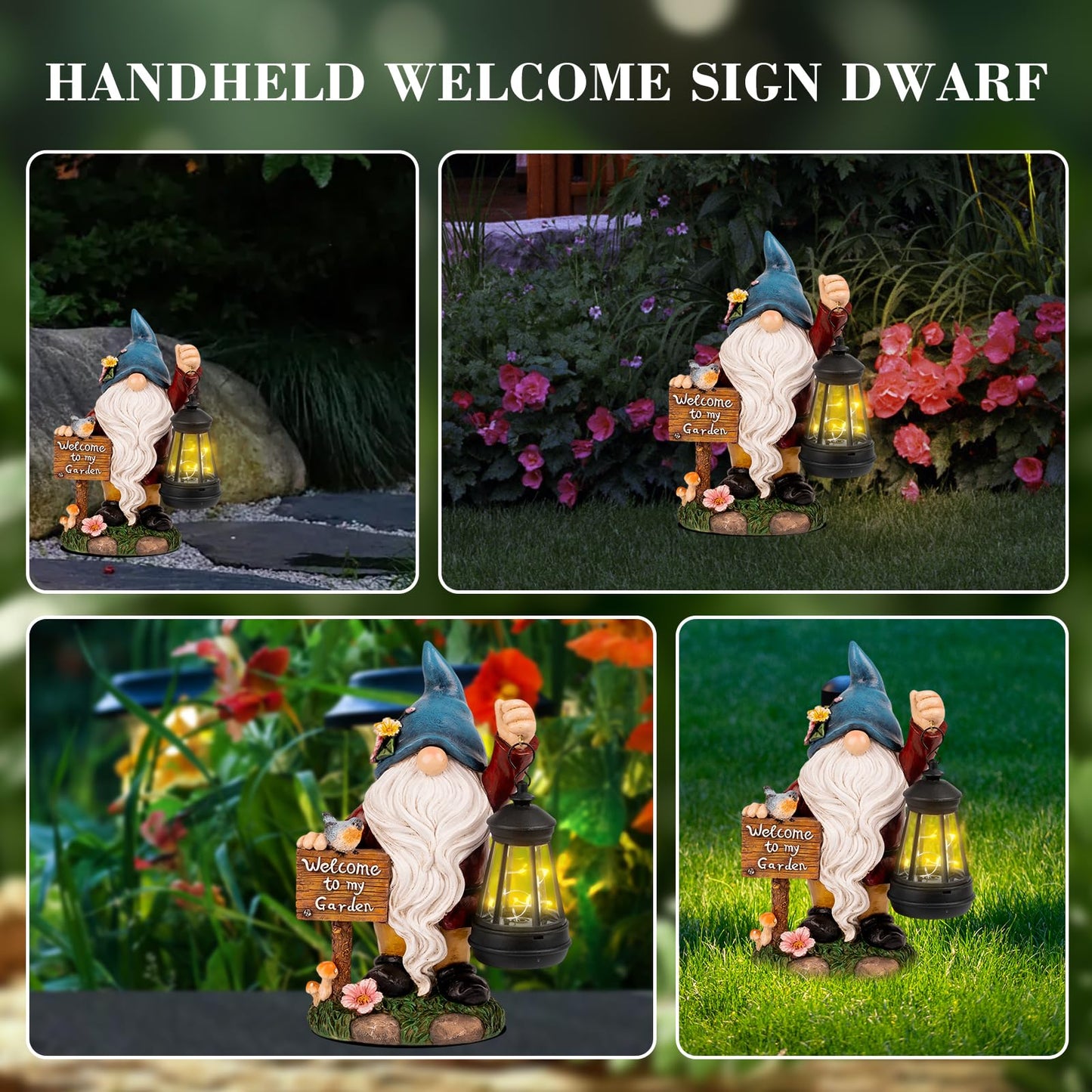 ZQQLITE Garden Gnome Statues Figurine Lights - Solar Powered Lighting Outdoor Decorations with Lantern & Welcome Sign, Yard Art Lawn Ornaments for Porch Patio Balcony - Gnome Gifts for Women Mom