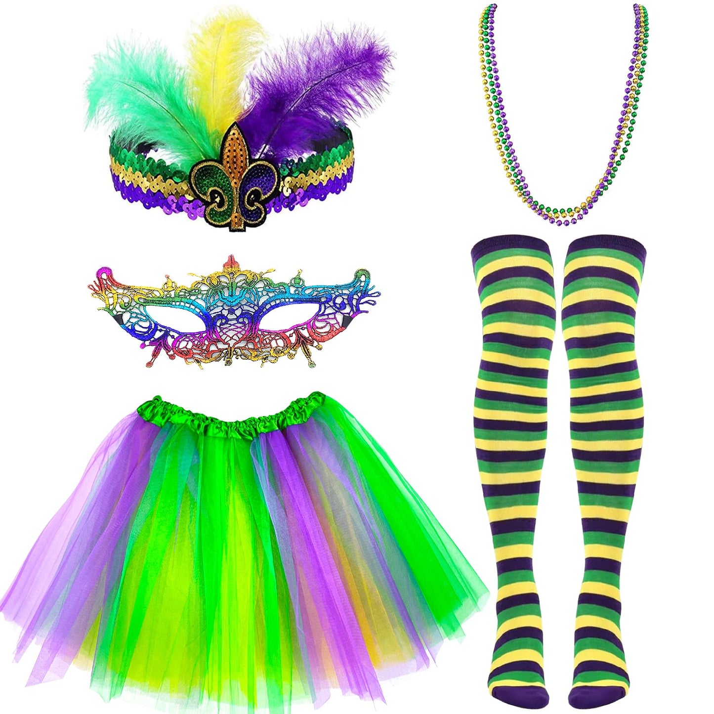 Dolkoic Mardi Gras Costume Accessory Set with Headband Tutu Skirt Mask Mardi Gras Beads Stocking 80s Cospaly for Women and Girls