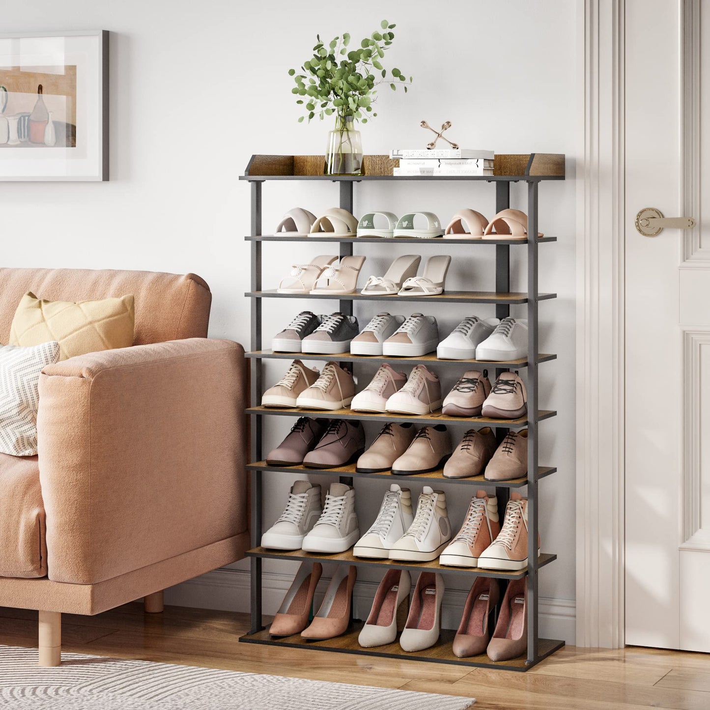 Mondeer Free Standing Shoe Rack, 8 Tier Tall Organizer Shelf for 24 Pairs for Entryway Hallway, Industrial Style Wooden Metal 11" D x 27.6" W x 44.5" H Inches (Rustic Brown)