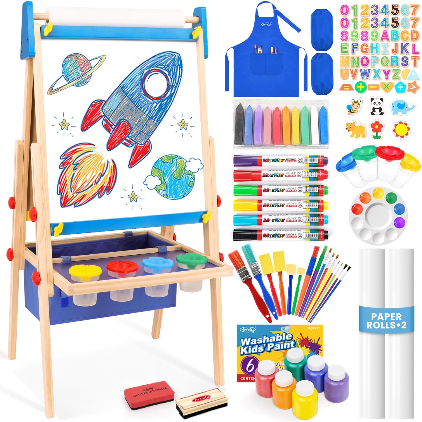 Art Easel for Toddlers Kids, Adjustable Standing Art Easel with Magnetic Chalkboard & Whiteboard, Dry-Erase Board, Paper Roll, Drawing & Painting Easel for Kids Ages 3 4-8 9-12, Blue w/Bag
