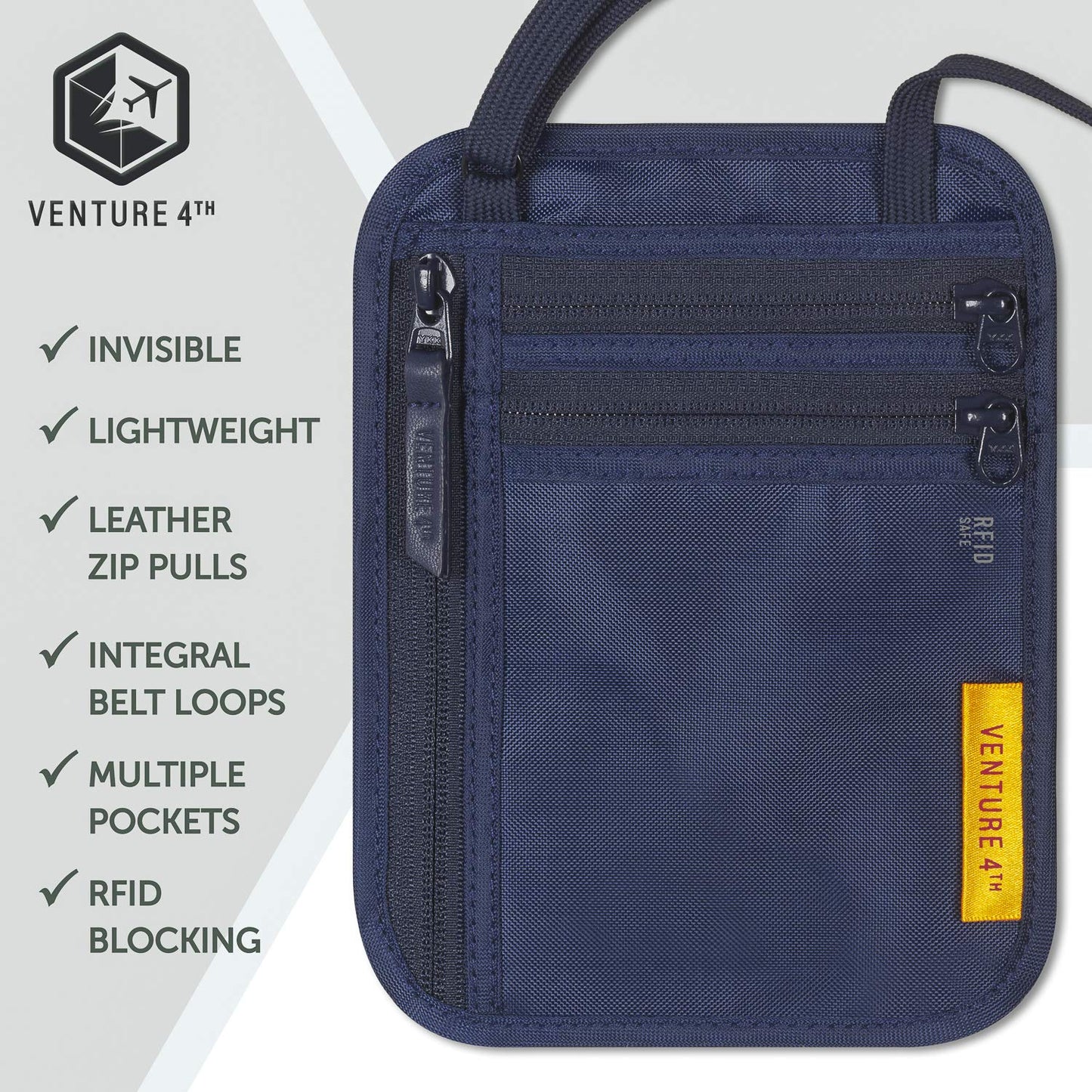 VENTURE 4TH Slim Passport Holder Neck Pouch with RFID Blocking Travel Neck Wallet and a Nylon Lining (Navy Blue))