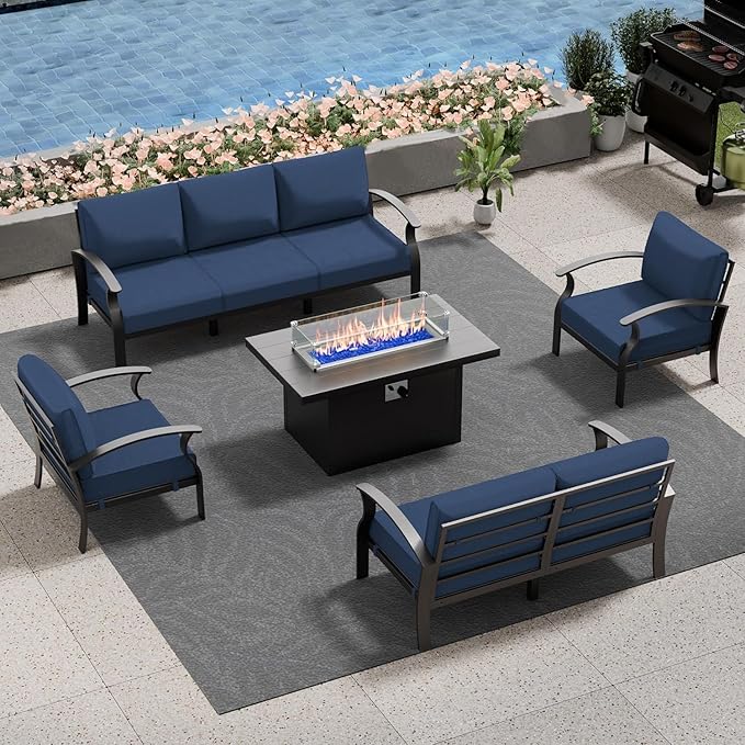 RTDTD Aluminum Outdoor Patio Furniture Set,5 Pieces 7 Seats Patio Conversation Sets with 45" Propane Fire Pit Table,Metal Patio Sectional Furniture Set w/5.1" Cushions,Navy Blue