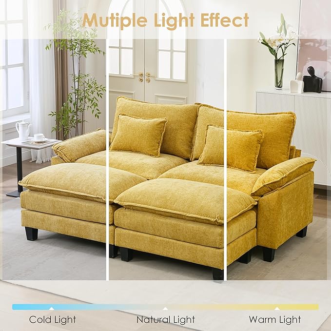 URRED Cloud Couch Modular Sectional Sofa, 87" Modern Loveseat Sofa with 2 Ottomans & Pillows, Ultra Comfy Chenille Couches for Living Room, Bedroom or Apartment, Yellow