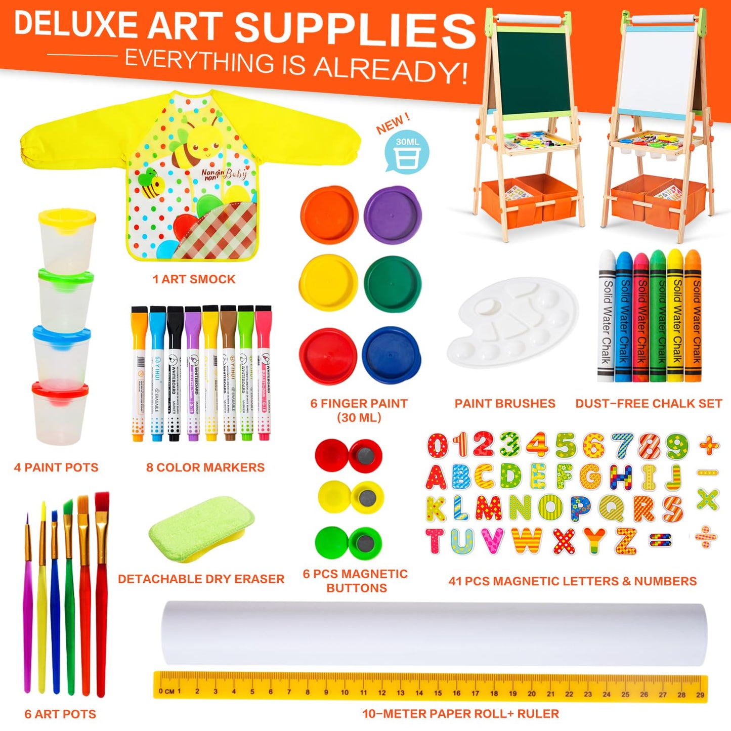 Kids Easel Including 100+ Accessories, Rundad Double Sided Wooden Easel for Kids Age 3-8 with Magnetic Chalkboard & Painting Board, Free Height Adjustable Art Easel Supplies for Toddlers