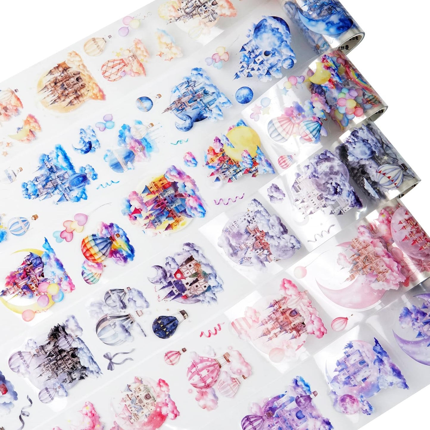 Cloud-Themed Pre-Cut PET Tape Set, 6 Rolls of Fantasy Castle and Balloon Stickers for Scrapbooking, Journaling, and DIY Craft Supplies