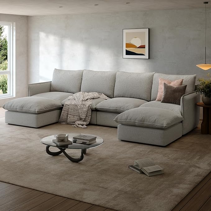 Gtilzria Waterproof Cloud Sectional Couches for Living Room,High Backrest Down Filled Couch,6 Seater Oversized Modular U-Shaped Sofas with Chaise,Detachable Sofa Covers,Light Grey