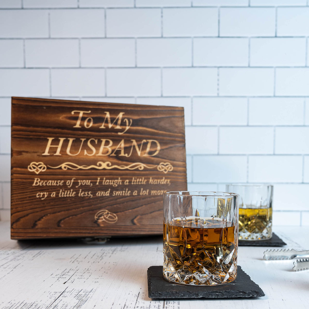 Anniversary For Him ‘To My Husband’ Engraved Whisky Glass Gift Set | Romantic Present for Husband | Unique Wedding - Birthday or Anniversary Idea