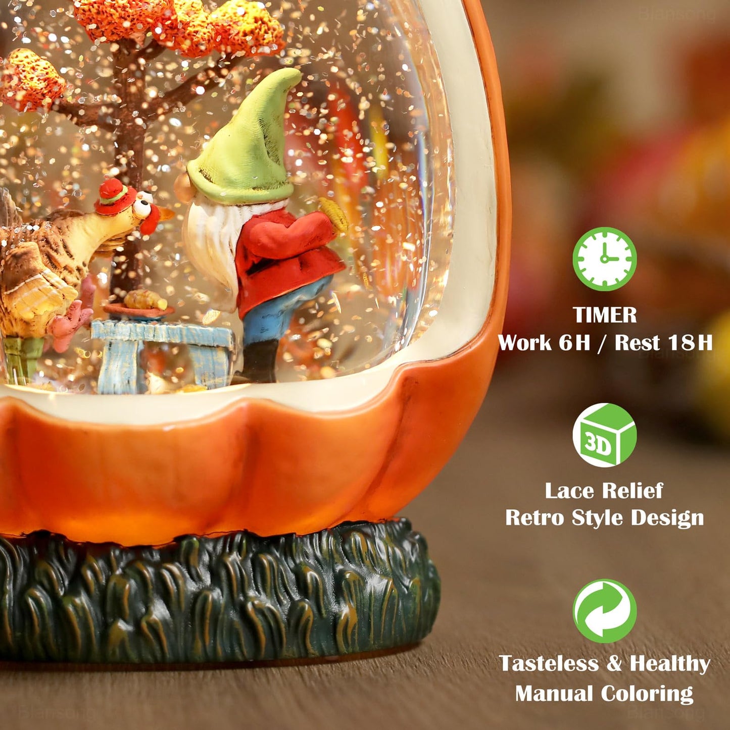 Blansong Fall Snow Globe Pumpkin Fall Decorations for Home Gnome Turkey Swirling Glitter Timer Thanksgiving Gift Autumn Harvest Fall Decor