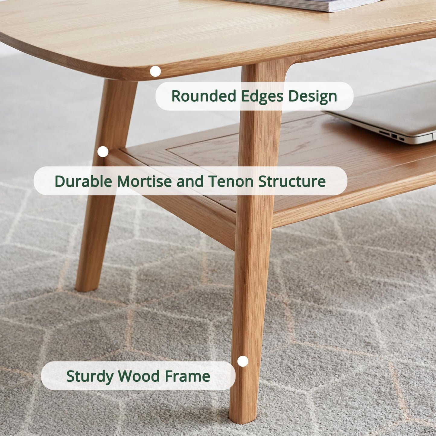 Bamskov Wood Coffee Table - 100% Solid Oak Wood - Double Storage Coffee Table, Eco-Friendly Finish Center Table - Easy Assembly (Natural, 31.49" D x 19.68" W x 17.32" H)