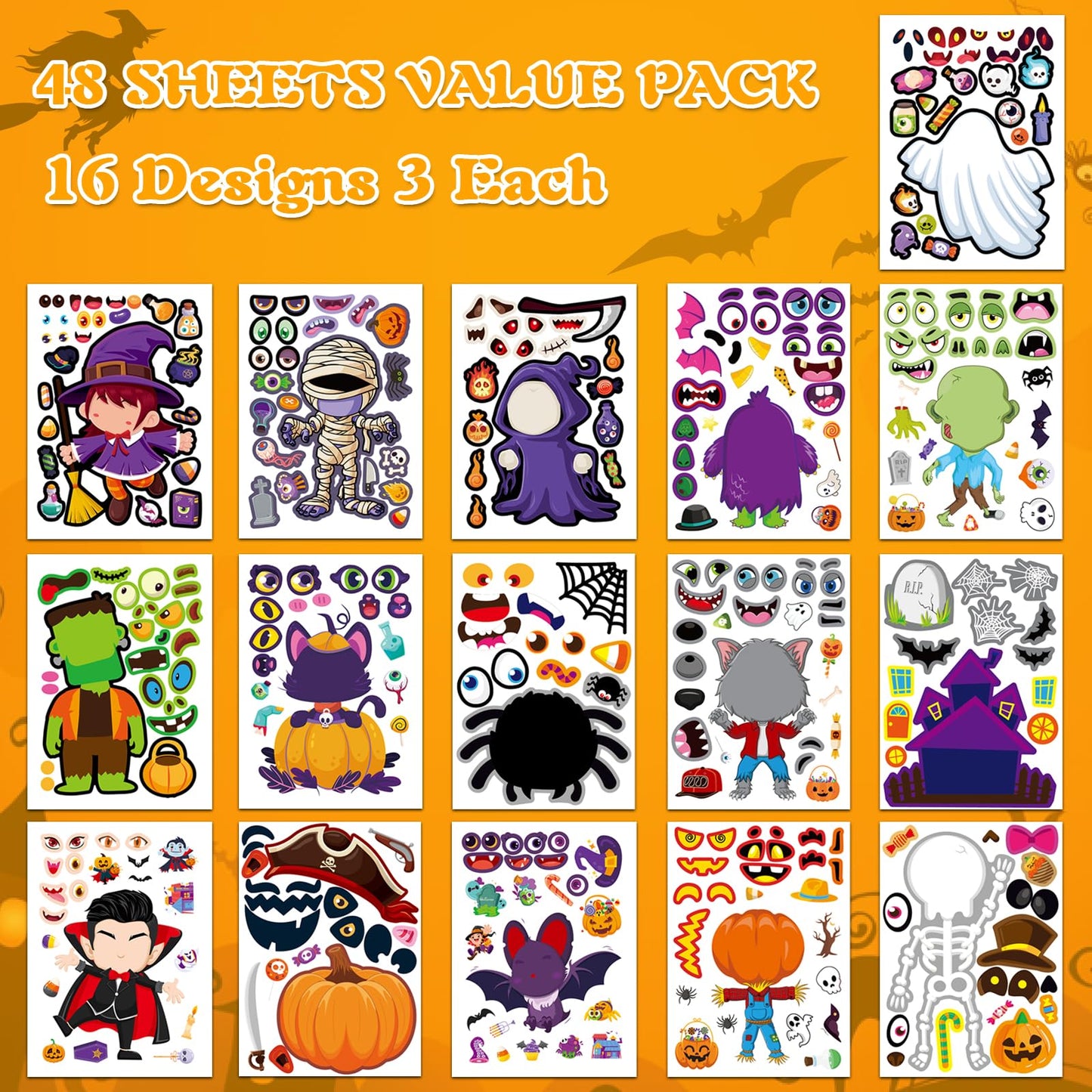Aowplc 48 Halloween Make-a-Face Sticker Sheets for Kids - 16 Unique Designs, Mix & Match for Party Favors, Crafts, Goodie Bags Stuffers, Classroom Activities, and Holiday Games