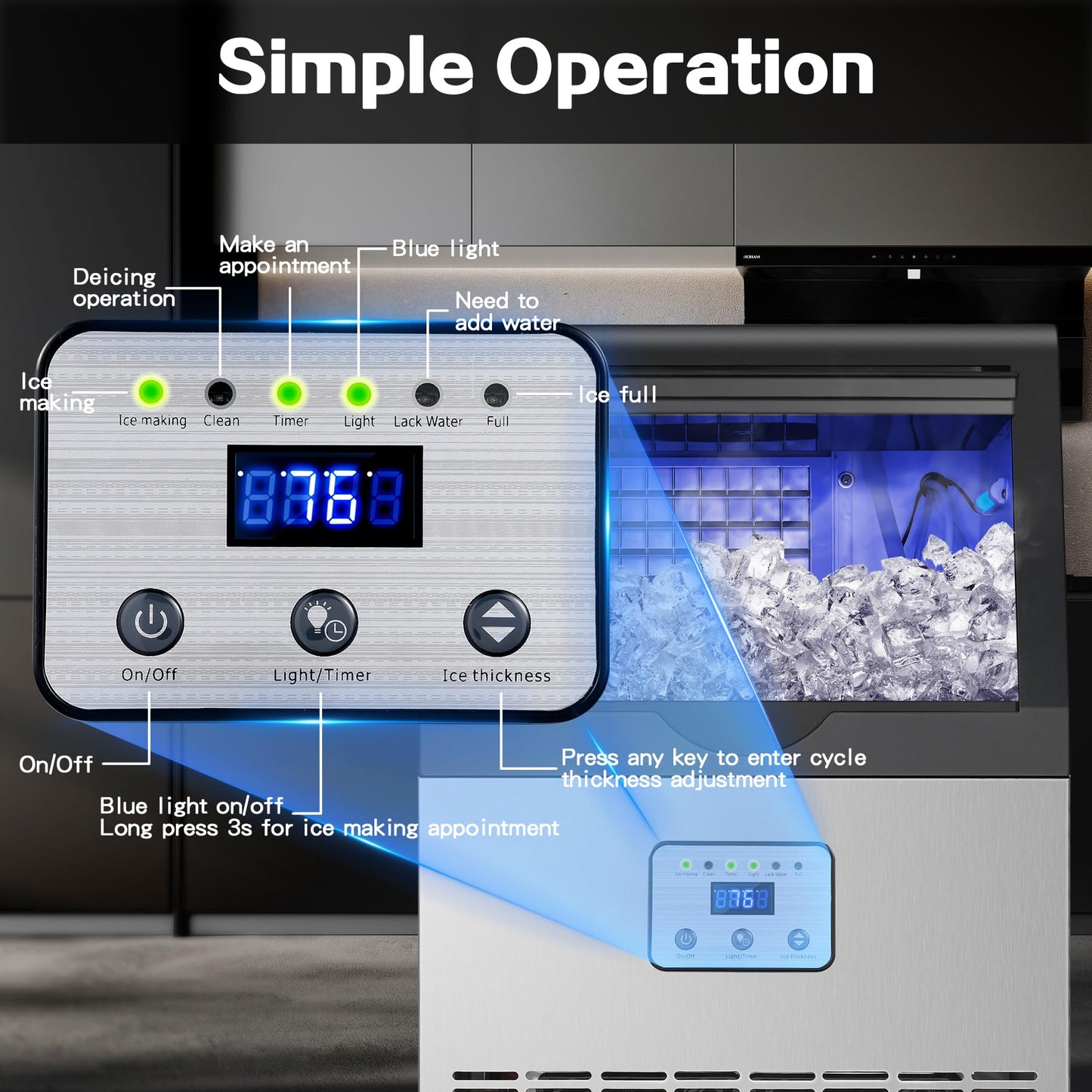 Amzgachfktch Commercial Ice Maker, 110lbs/24H Ice Maker Machine, Auto Self-Cleaning, LED Digital Display, Blue Light, Under Counter/Freestanding Ice Machine for Home/Office/Restaurant/Bar