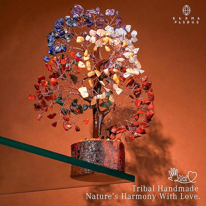 KARMAPLEDGE 7 Chakra Healing Crystal Tree of Life with Manifestation Card, Handmade Copper Wire Crystal Tree for Good Luck, Positive Energy, Wealth, Reiki Healing, and Decor, Gift for Women and Mom