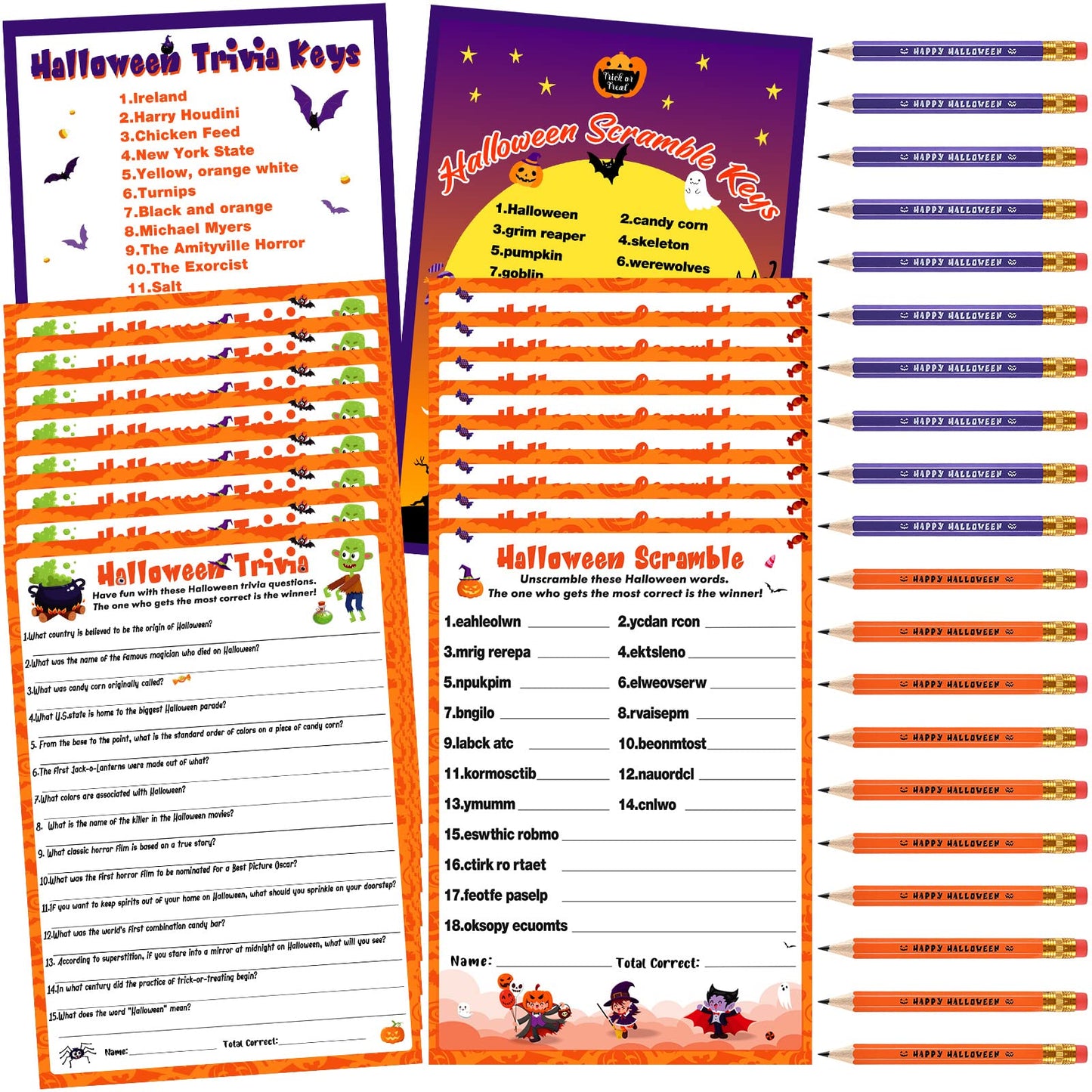 Kathfly 120 Pcs Halloween Games for Adults Include 2 Sets 40 Halloween Games Cards 20 Answer Cards and 20 Pencils, Baby Shower Party Supplies Word Scramble for Adults Groups (Horrible)