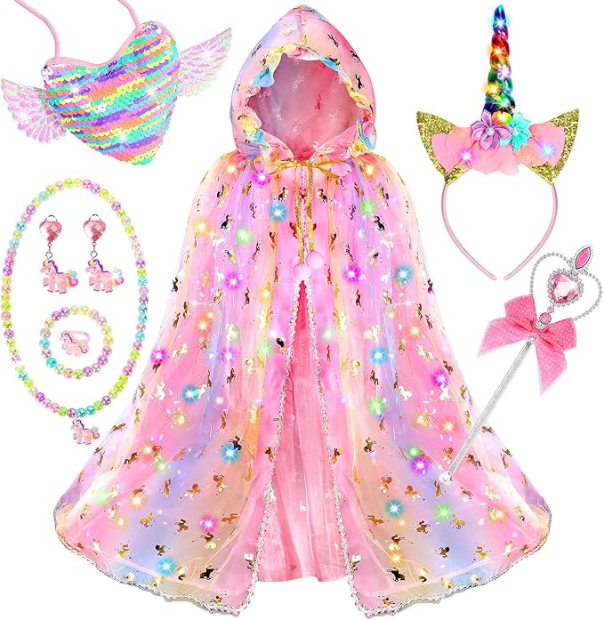 Fedio Princess Dress up for Girls,Unicorn Light up Princess Cape Set,Light up Princess Dress with Unicorn Toys for Girls ...