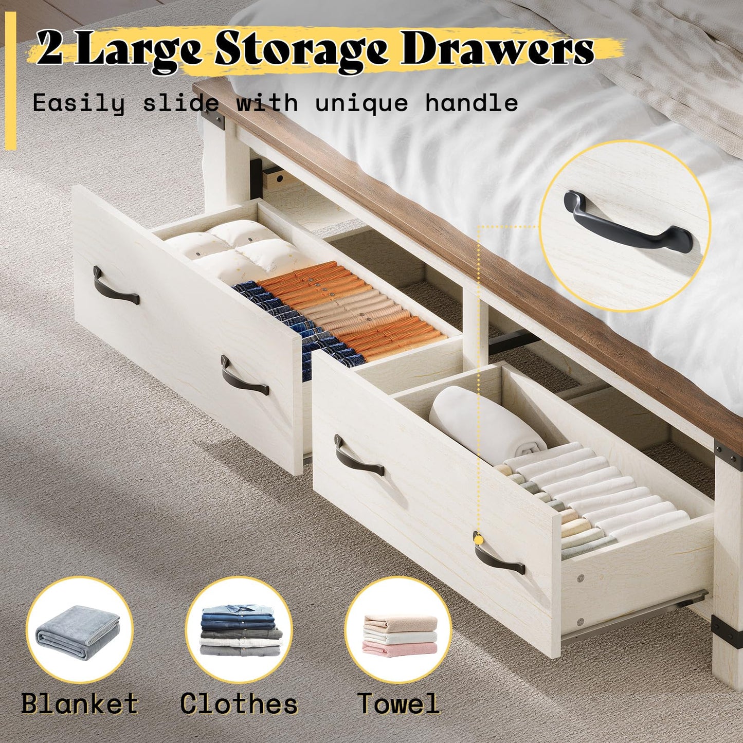 AMERLIFE 2 Pieces Farmhouse Bedroom Set, Includes Wood Rustic Queen Size Bed Frame with 54" Tall Headboard, 48" Tall 5 Drawers Dresser Chest, Heavy Duty Thick Plank Styling, Antique White