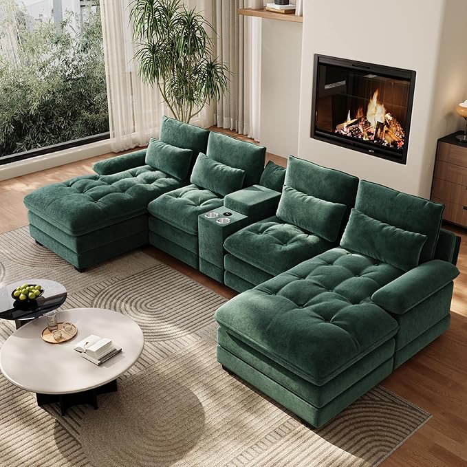BEQAI 134"U Shaped Sectional Couches for Living Room,Oversized Modular Sectional Fluffy Couch with Chaise Lounge & Tufted Buttons,Modern Chenille 6 Seat Living Room Sofa Set with Storage Console,Green
