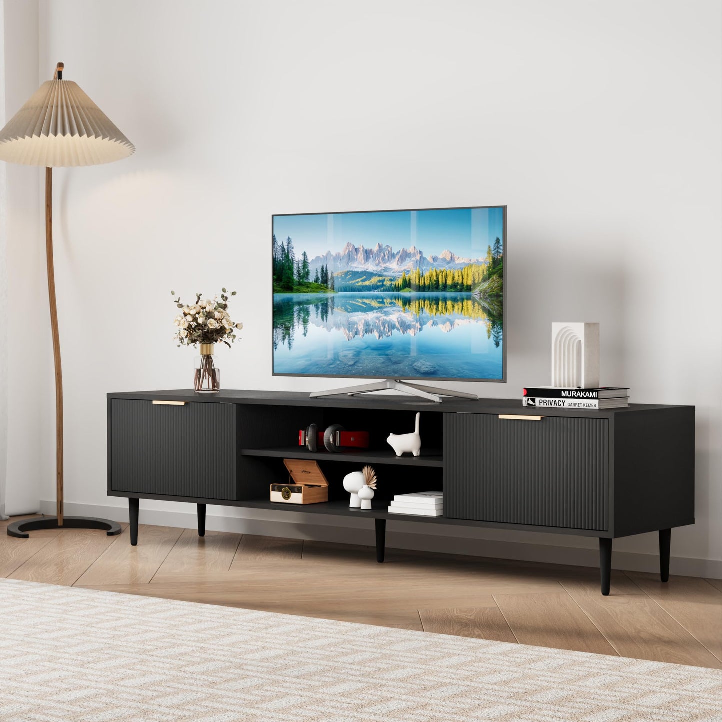 Black TV Stands, Mid Century Modern TV Stand, with 2 Large Storage Cabinets, for TVs Up to 75 in, Black Entertainment Center with Fluted Panel Design, TVs Stands for Living Room, for Bedroom, Office