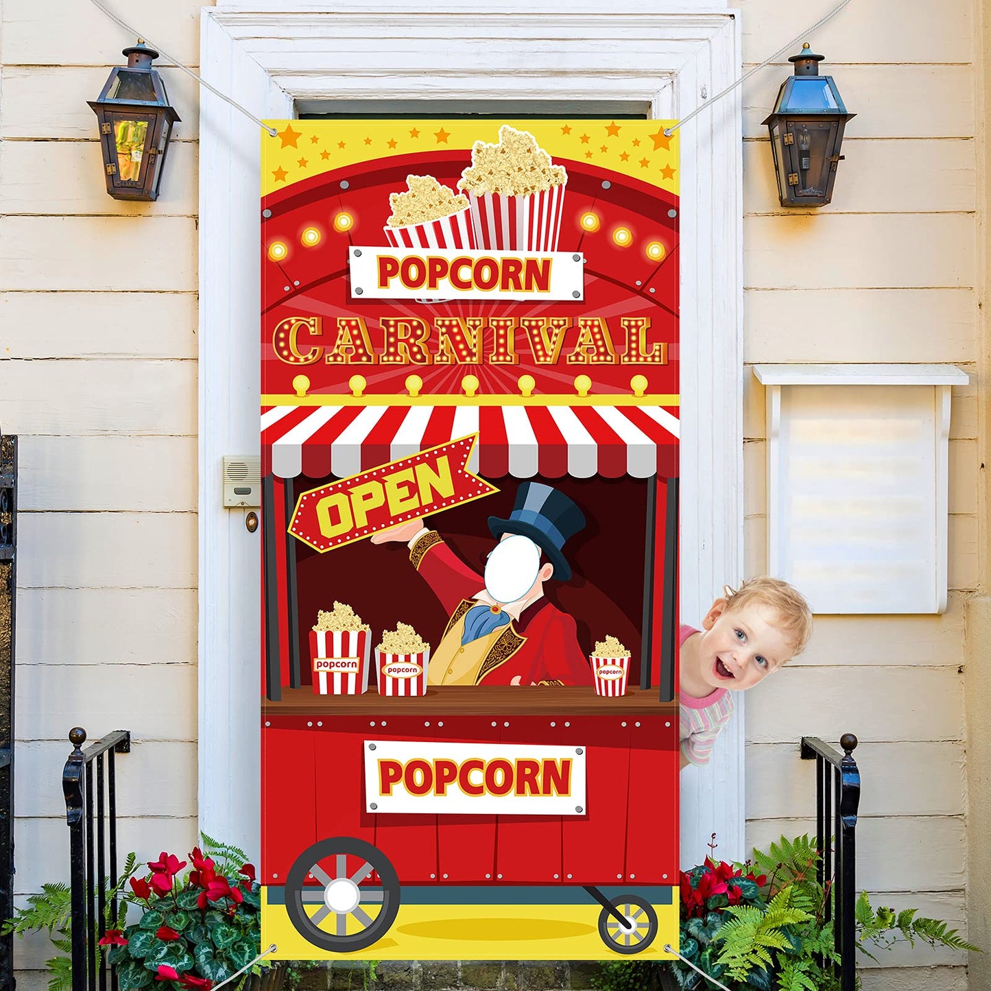 Carnival Circus Theme Party Decorations Carnival Popcorn Sign Large Photo Door Banner Ticket Booth Backdrop Props Hanging for Kids Birthday Carnival Game Supplies Popcorn Circus Party Decorations