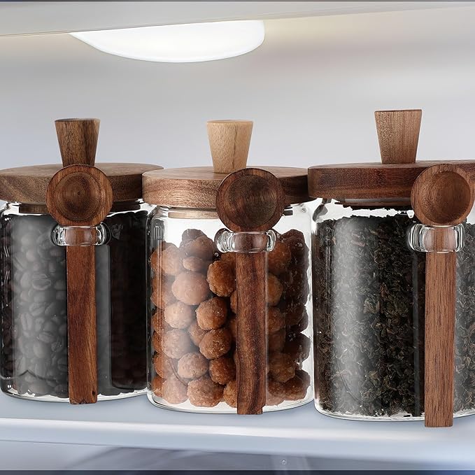 Remerry Set of 6 Glass Jar with Wooden Lid and Spoon, 20 oz Clear Airtight Spice Canisters Glass Food Storage Kitchen Containers Set for Coffee Bean Tea Sugar