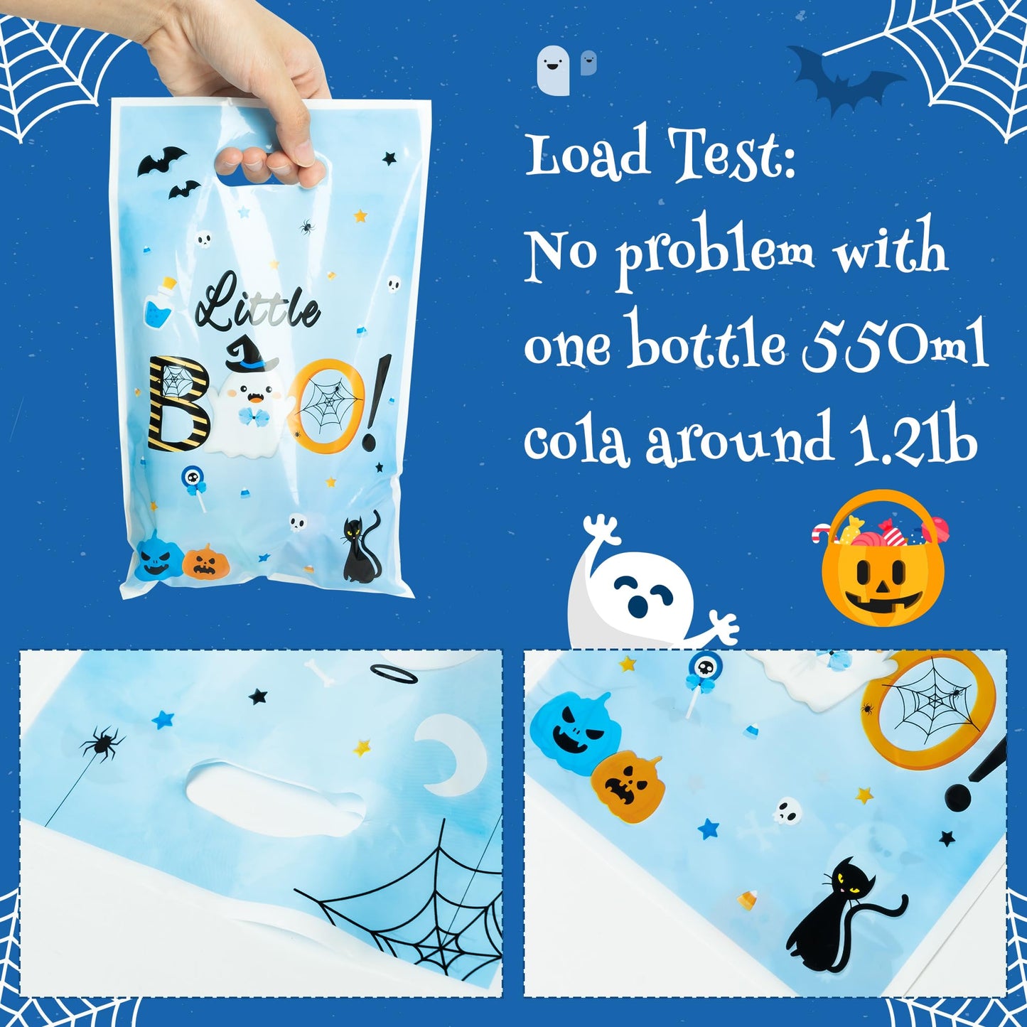 Haooryx Bule Little Boo Favor Bags - 50Pcs Halloween Little Ghost Plastic Gift Bag Birthday Party Gift Warp Goodie Candy Treat Bags for Halloween Party Kids Boy Birthday Baby Shower Party Favor Supply