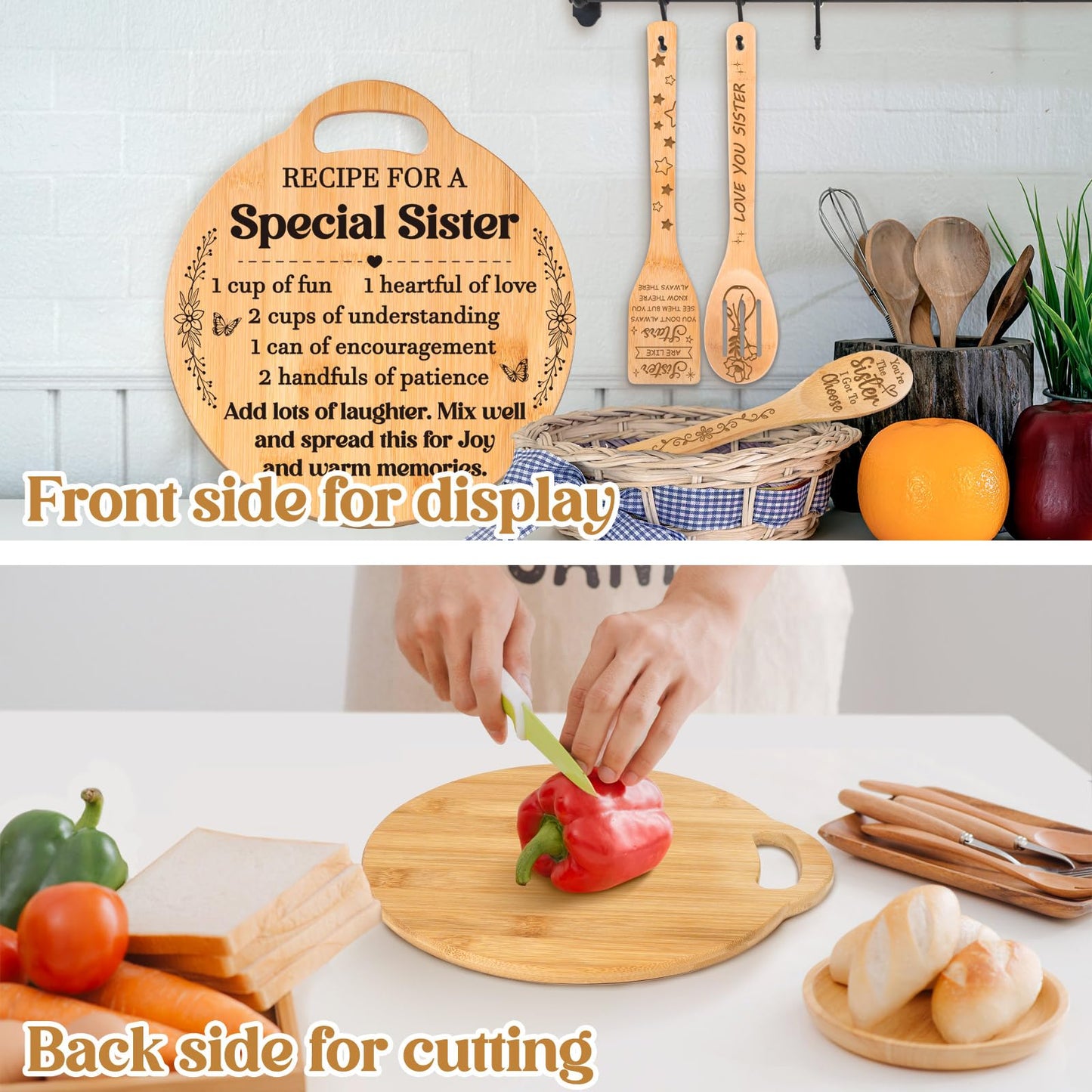 Sister Gifts from Sister - Engraved Bamboo Cutting Board Set, Unique Sister Birthday Gifts, Mothers Day Christmas Birthday Gifts for Sister