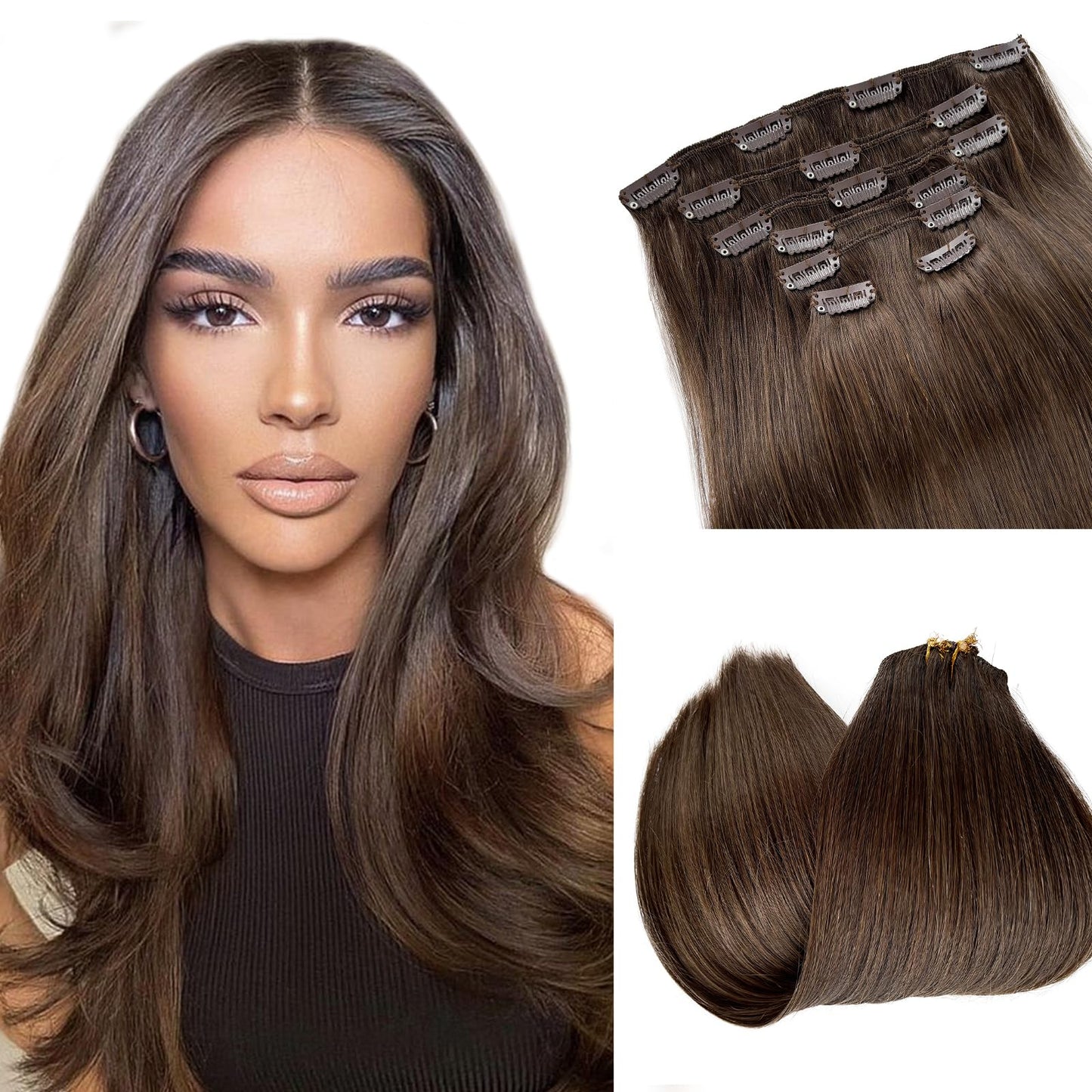 Dark Brown Clip in Hair Extensions Real Human Hair 18 Inch Invisible Straight Clip in Human Hair Extensions for Women Double Wef