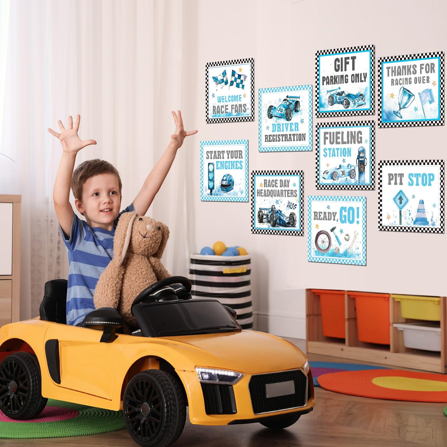 Blulu 9 Pcs Racing Car Party Decoration Racing Race Sign Black Laminated Sign Car Theme Party Supplies Paper Cutouts with 40 Glue Point (Fresh Style)