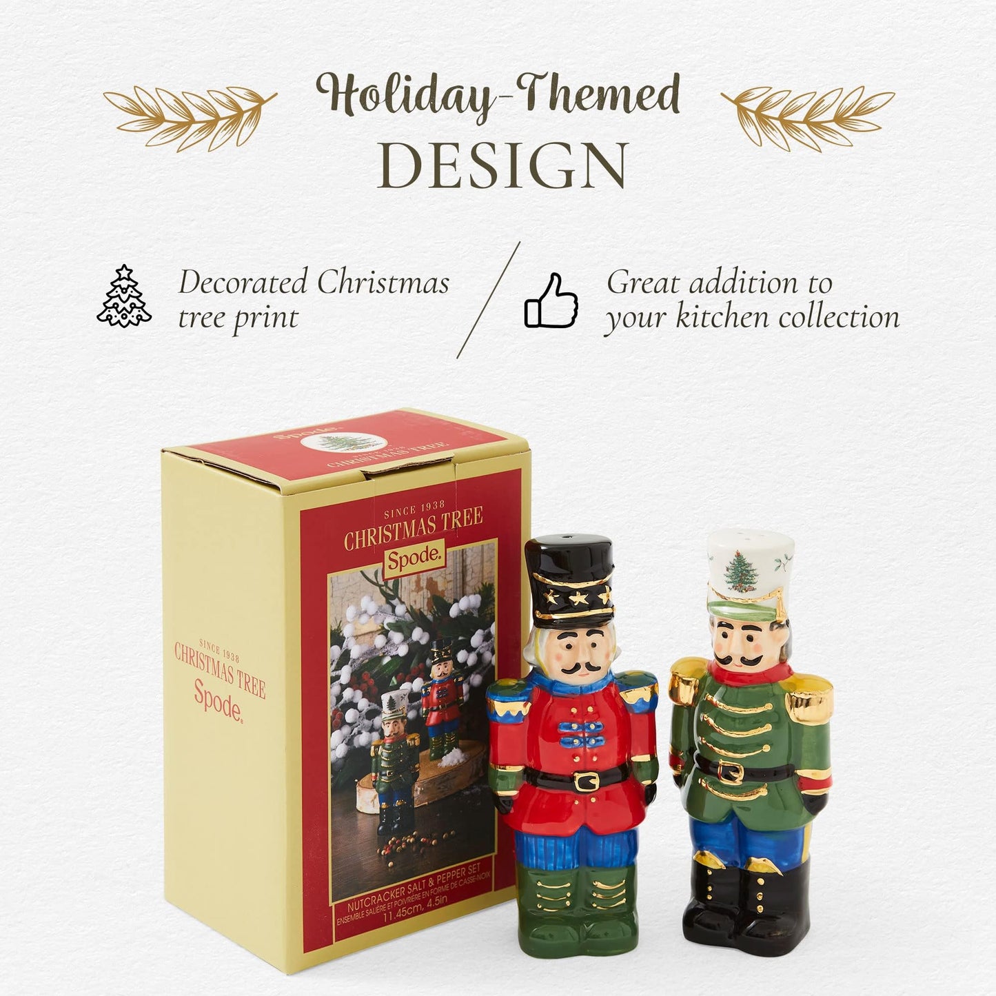 Spode Christmas Tree Nutcracker Salt and Pepper Shaker Set (2-Piece)- Holiday Kitchen & Table Décor - Festive Home Accent, Christmas Gift/Stocking Stuffer for Collectors & Holiday Enthusiasts