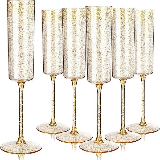 YOUBET 24 Pack Plastic Champagne Flutes - 6 Oz Gold Glitter Disposable Champagne Glasses - Square Plastic Wine Cups Weddin...