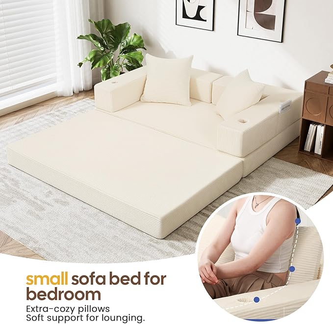 COMAX Futon Sofa Bed, 4‑in‑1 Convertible Sofa Bed, Folding Boneless Couches for Living Room, Fold Out Small Foldable Loveseat Floor Sleeper Comfy Mattress Lounge Space‑Saving, Beige
