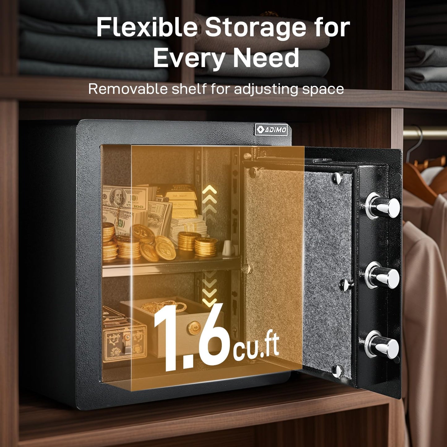 ADIMO Biometric Safe Box, Fireproof 1.6 CuFt Fingerprint Safe w/Touchscreen, Removable Shelf & Alarm System, Money Box for Secure Document & Valuables, for Home Office Hotel