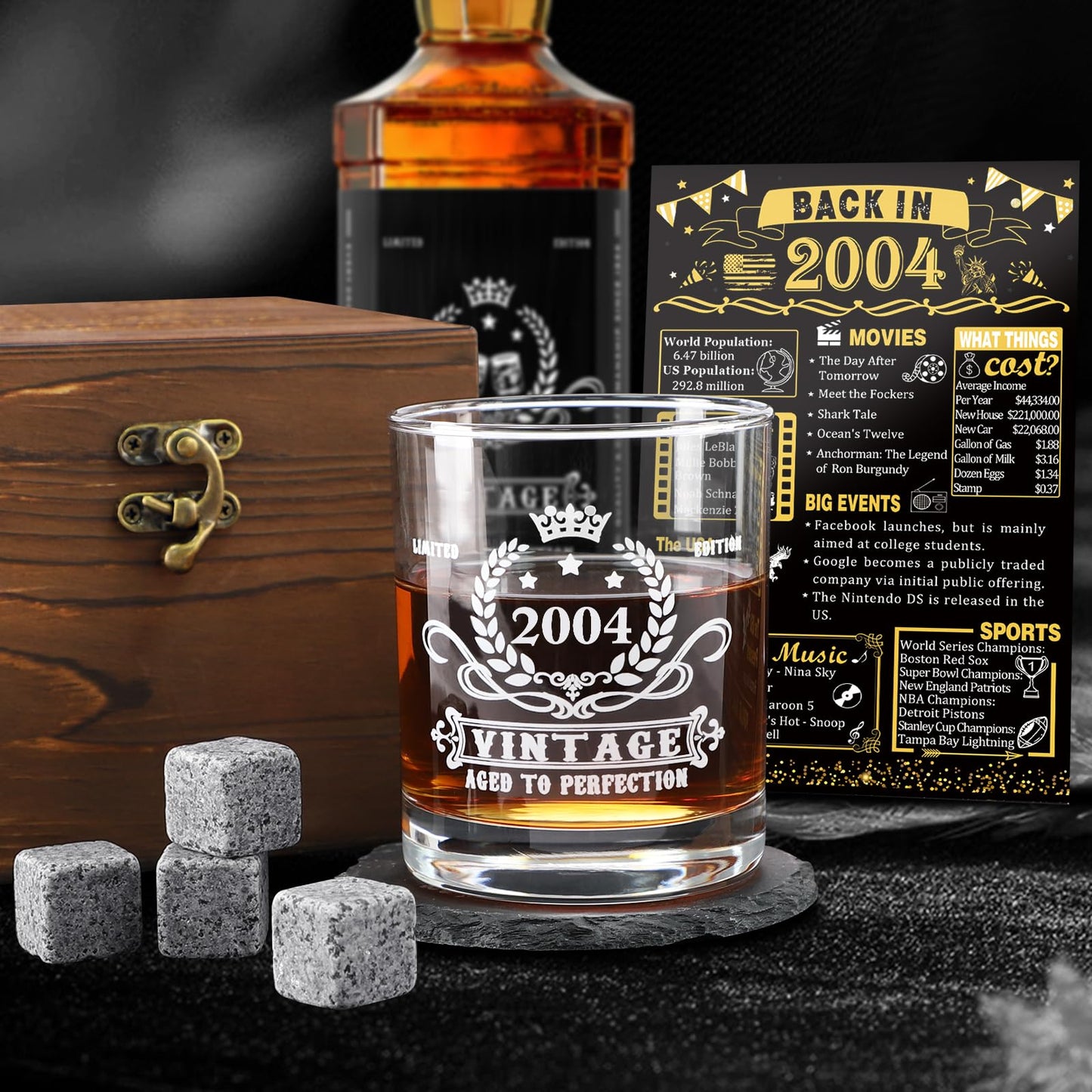 YeohJoy 21st Birthday Gifts for Him,Vintage 2004 Whiskey Glass Set,Wood Box &2004 Poster Anniversary Card & Whiskey Stones & Coaster,Bday Gifts Ideas for Him, Dad, Husband